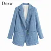 Moda Office Wear Blue Tweed Blazer Kobiety Elegancka Podwójna Kurtka Płaszcz Dorywczo Kieszenie z długim rękawem Znosić 210515