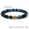 Kvinnors Mäns Naturlig Tiger Eye Stone Bead Armband Golden Buddha Head Faith Amulet Buddhism Blue Red Yellow Bracelets Present