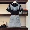 Artı Boyutu L-4XL Yaz Ofis Bayanlar 2 Parça Set Payetli Kısa Kollu T-Shirt Üst Ve Yüksek Bel A-line Denim Etek Takım Elbise 210519