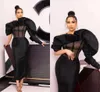 Arabic Dubai Modern Little Short Black Ruffles Neck Prom Dresses One-shoulder Long Sleeve Ankle-length Evening Cocktail Gowns Custom Made