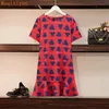 Summer Red Dress For Women Fashion Loose Heart-shaped Print O-neck Short Sleeve Casual Dresses Female Clothing 210428