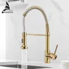Kitchen Faucets Brush Brass Faucets for Kitchen Sink Single Lever Pull Out Spring Spout Mixers Tap Cold Water Crane 9009 210719