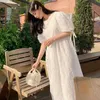 Lace Hook Woman Dress Korean Bow Tie Puff Sleeve O-neck Dresses Causal High Waist A-line Summer Vestido 6J242 210603