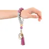 Wooden Tassel Bead String Bracelet Keychain Silicone Beads Bracelets Women Girl Keyring Wrist Strap Key Ring Chain Beaded Wristlet Bangle Portable Car Holder