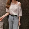 Moda Lato Krótki Rękaw Solid Color Skew Collar Szyfonowa Bluzka Kobiety Koreański Luźny Plus Rozmiar 4XL Damskie Topy 9451 50 210527