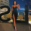 Casual Dresses Spaghetti Straps Black Sexy Backless Midi Gown Party Club ärmlös Bodycon Split Dress Vestidos Solid