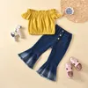 Moda Bambino Bambini Neonate Vestiti estivi Set da festa Spalle scoperte T-Shirt Pantaloni svasati 2 pezzi Abbigliamento ragazza Abiti 3-7Y 1025 V2