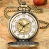 Antique Mens Womens Quartz Analog Pocket Watch Carved Roman Numeral Alloy Case Half Hunter Necklace Chain Xmas Gift