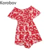 Korobov 해변 스타일 슬래시 목 플레어 슬리브 쉬폰 Playsuits 한국어 인쇄 Boho 하이 허리 점프 세련 된 Bodysuits 2A779 2110430