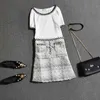 Summer Luxury Style Elegant Women O Neck T-shirt + Tweed Woolen Blend Skirt 2 pcs Sets Female Fashion Suits A231 210428