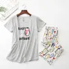 Cotton Pajamas Set Short Sleeve T-shirt Long Pants 2Piece/Set Summer Sexy Pyjama Big Size Mom Homewear Cozy Plus Sleepwear 210809