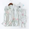 봄 새로운 숙녀 파자마 세트 꽃 인쇄 소프트웨어 코튼 간단한 스타일 여성 긴 소매 + 바지 2piece 세트 homewear 210330
