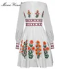 Abito da donna bianco moda primavera colletto quadrato manica lanterna fiori ricamo abiti eleganti da vacanza 210524