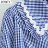 Women Sweet Peter Pan Collar Plaid Print Casual Blouse Office Lady Puff Sleeve Ruffle Retro French Shirt Chic Tops LS9274 210416