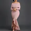 Off Shoulder Ruffled Long Mermaid Dress Plus Size Evening Feestjurken Roze Elegante vrouwen Afrikaans Vintage Maxi Casual