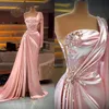 2022 Silk cetim sereia vestido de noite com altura split plissado de cristal vestidos de bairros um ombro beading vestido de celebridade partido fino