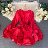 Ins Temperament Party Ruffles Candy Color Dress High Waist Hip Sashes A Line Vestido V Neck Latarnia Z Długim ROPA48478 210422