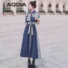 Spring Button Up Women Maxi Dress Streetwear Loose Sashes Long Sleeve Shirt Dresses Patchwork Turn Down Collar Ladies Robe 210521