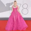 Fuchsia Sequined Appliqued Prom Dresses With Detachable Train Spaghetti Straps Evening Gowns Mermaid Red Carpet Tulle Celebrity Formal Dress