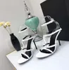 Maßgeschneiderte hochwertige Wildleder-Innenseite, Luxus-Designer-Sandale für Damen, Metallstreifen, schwarzes Lackleder, Pumps mit Thrill-Absatz, Damen-Tribute-Ledersandalen, Größe 35–43