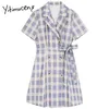 Yitimuceng Plaid Sashes Knapp Klänningar Kvinnor A-Line Solid Spring Notched Short Sleeve Dubbelbröst Preppy Style 210601