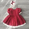 One piece Retail 2019 Girl Lace Bow dresses Princess Spain Dress Puff sleeve Party dress with headbands Spanish baby clothes Q0716