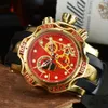 Red color mens watch all functional subdial work quartz movement watches chronograph rubber strap cartoon dial stainless steel case splash waterproof clock