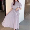 Japan Style Sweet Puff Sleeve Boog Vrouw Lange Jurk Elegante Stand Kraag Lace Up Vestido Mujer Lente Zomer Femme Robe 210514