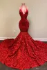Sexy Backless Red Evening Dresses Halter Deep V Neck Lace Appliques Mermaid Prom Dress Rose Ruffles Special Occasion Party Gowns298A