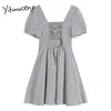 Yitimuceng Plaid Dresses Women Summer Hollow Out High Waist Puff Sleeve A-Line Yellow Black Korean Fashion Sweet Dress 210601