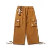 Qweek Japanse Streetwear Corduroy Pant Vintage Bruin Cargo Pockets Oversized Koreaanse stijl Wide Leg Broek Vrouw 210915