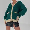 Kvinnor V Neck Strikkad Cardigans Sweater Rosa Houndstooth Knit Cardigan Långärmad Mode Höst Oversized Jumper 210918