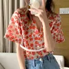 Korejpaa Women Shirt Summer Korean Chic French Retro Lapel Full Screen Flower Design Single-Breasted Short-Sleeved Blouses 210526