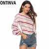 Clearance mulheres listradas uma blusa de ombro sexy moda slow sleeves feminino casual ruffles bluas tops verão senhoras plus size 210527