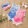 Infant Tie Dye romper Clothing Sets Girls Sleeveless tassel ball jumpsuit + bow headbands 2pcs/set Toddler Baby M3084