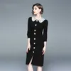 Panie Czarne Vintage Bodycon Sukienka Jesień Zima Szczupła Długie Rękaw Koronki Patchwork Collar Robe Kobiety Office Suknie Vestidos 210525