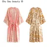 Chu Sau Beauty Moda Boho Vintage Długie Topy Kobiety Wakacje Loose Ladies Kimono Beach Sashes Cardigans Kobieta 210508