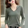 Uzun Kollu Kadın V Yaka Bambu Pamuk T-Shirt Zarif Gevşek Moda Marka Tee Gömlek Bayanlar Sonbahar Kış Standı Yaka Tops 210720