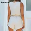 Aachoe Summer Casual Beige Color Color Kombinezony Kobiety Bawełna i Pościel Biuro Jump Suit O Neck Bez Rękawów Kombinezony z pasem 210413