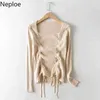 Neploe Womens Tröjor Vintage Square Collar Stickad Pullover Tröjor Spring Slim Drawstring High Street Långärmad Chic Toppar 210422