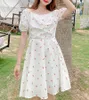 Women Cherry Print White Slash Neck Short Sleeve A Line Mini Dress Summer Beach Female Puff D1906 210514