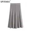 Women Chic Fashion With Buttons Knitted Midi Skirt High Elastic Waist Office Wear Female Skirts Mujer 210420