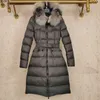 Зима пуховая куртка женщины элегантный пояс тонкий подходит перья Parka роскошный бренд реальный меховой воротник с капюшоном длиной 211221