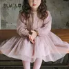 Девочка сетки платья весна осень вышивка цветы с длинным рукавом милые девушки тюль принцесса для детей кружевная одежда 220309
