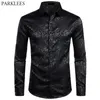 Men's Floral Black Dress Shirts Stylish Long Sleeve Steampunk Men Party Club Bar Social Male Chemise Homme 210809