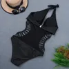 Sexig vit halter cut out bandage trikini simma baddräkt monokini push up brasilian swimwear kvinnor baddräkt 210520