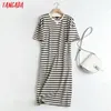 Tangada 여름 여성 줄무늬 인쇄 티셔츠 드레스 고품질 반팔 숙녀 미디 드레스 Vestidos 4C80 210609