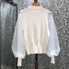 Pulls pour femmes élégant nœud 2021 printemps automne hauts femmes Sexy Tulle maille Patchwork à manches longues décontracté blanc noir rose pulls dames