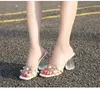 Hoksvzy 여름 두꺼운 발 뒤꿈치 대형 크기 스퀘어 헤드 샌들 캐주얼 착용 라인 석 투명한 발 뒤꿈치 오픈 발가락 여성 샌들 Ji6786YH