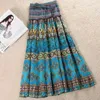 Boho Floral A-line Women's Maxi Skirt Elastic High Waist Sashes Vintage Pleated Womens Skirts Summer Fashion Clothes Female 210730